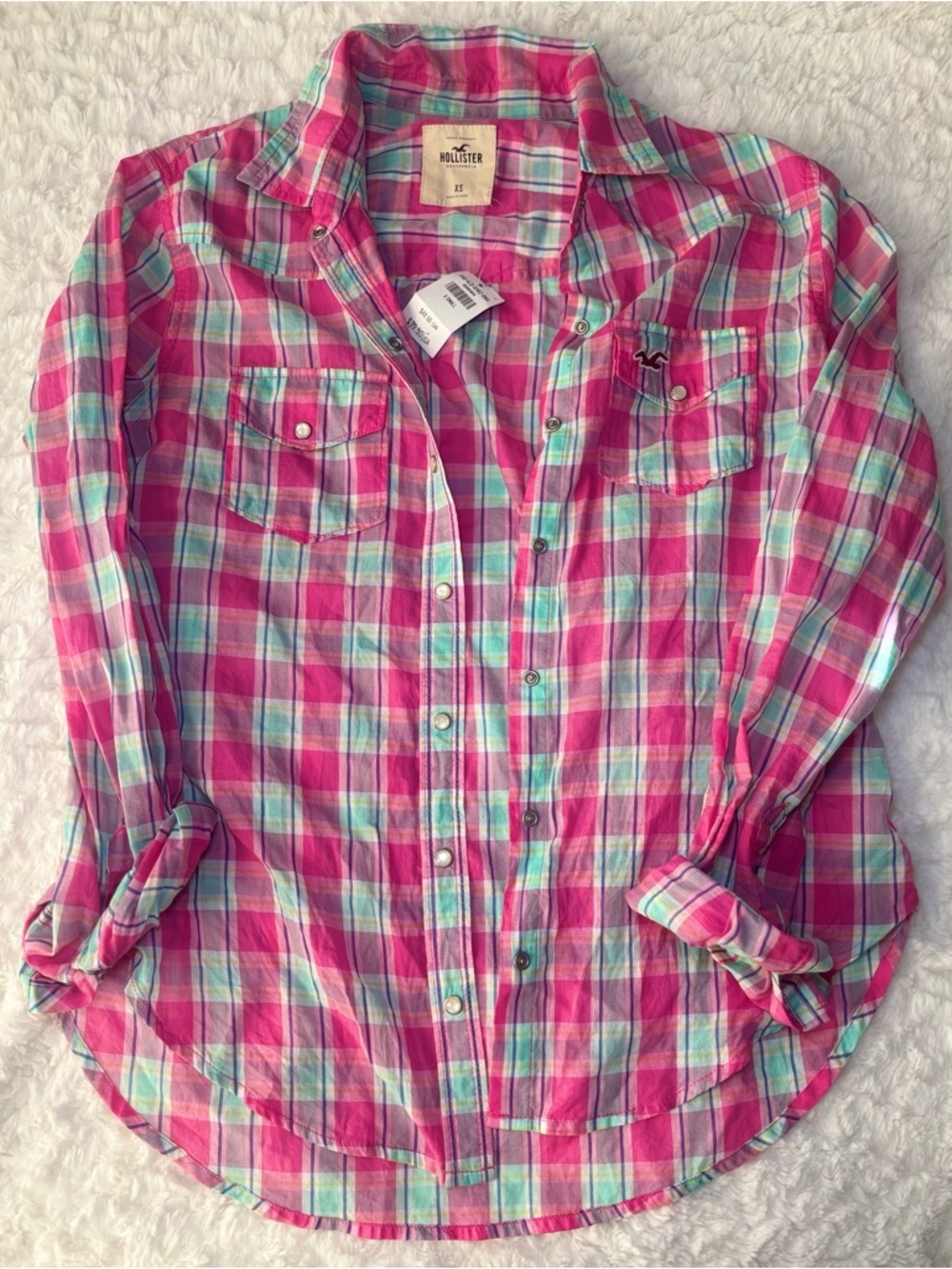 Hollister Women’s Pink & Teal Plaid Button-Down Shirt